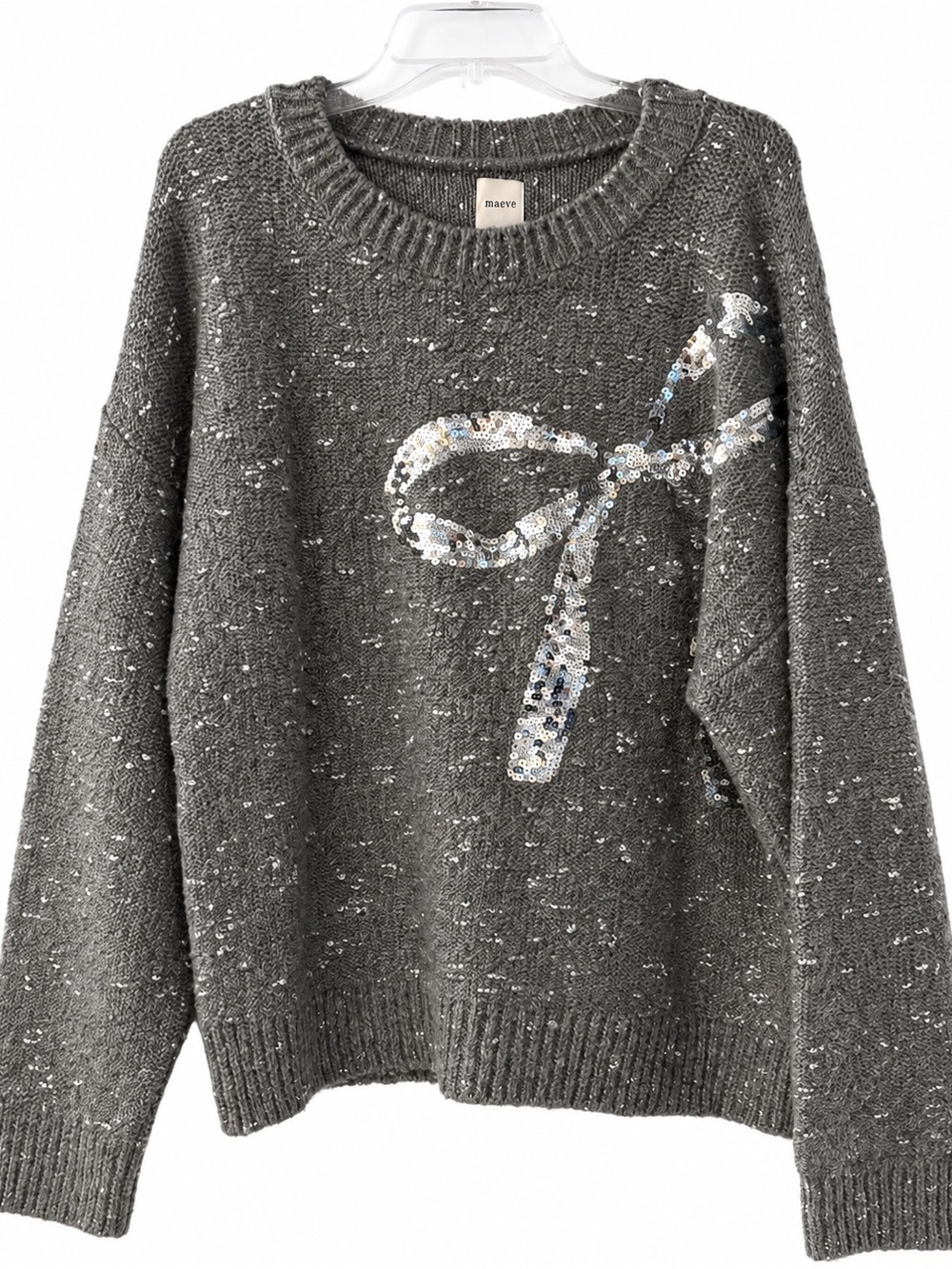 Maeve Gray Metallic Knit Sweater Silver Sequin Bow Size Medium